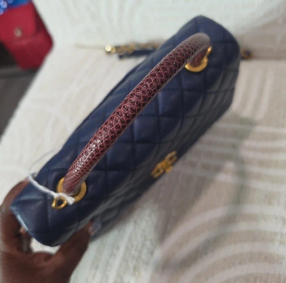 CHANEL Coco Navy Quilted Leather Top Handle Satchel with Burgundy Lizard Handle
